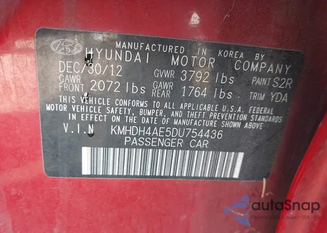 2013 Hyundai Elantra Gls from USA, damaged, VIN KMHDH4AE5DU754436